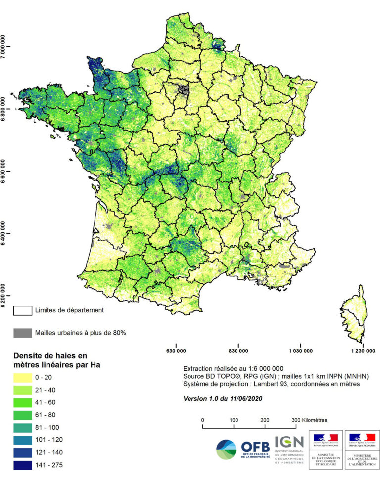 Densité des haies (2020), recensement par l’OFB https://www.ofb.gouv.fr/haies-et-bocages-des-reservoirs-de-biodiversite
